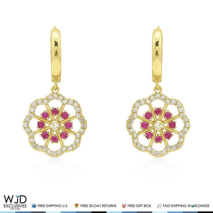 1CTW CZ Ruby 14K Yellow Gold Flower Huggie Hoop Dangle Earrings