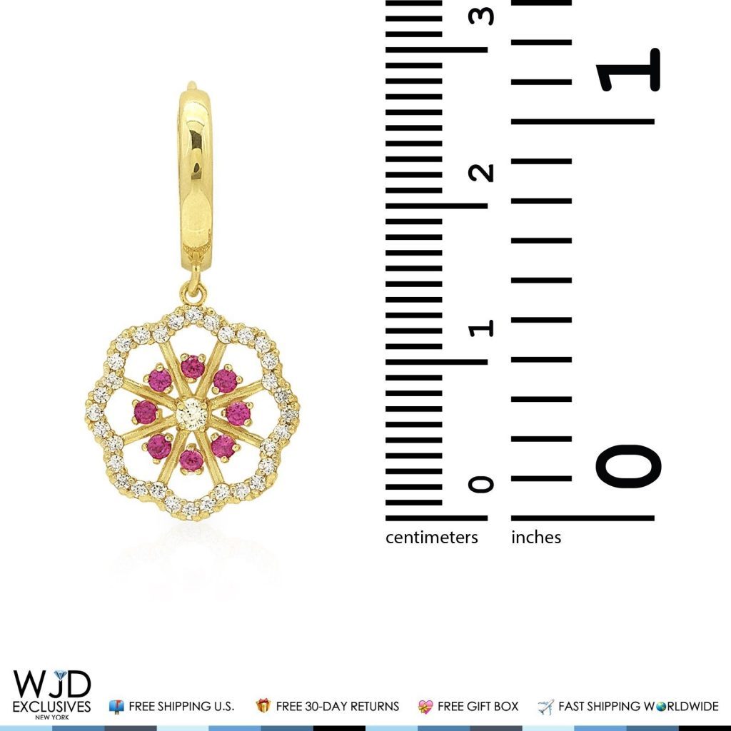 1CTW CZ Ruby 14K Yellow Gold Flower Huggie Hoop Dangle Earrings