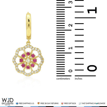 1CTW CZ Ruby 14K Yellow Gold Flower Huggie Hoop Dangle Earrings