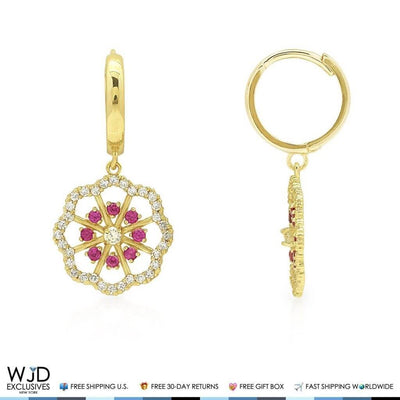 1CTW CZ Ruby 14K Yellow Gold Flower Huggie Hoop Dangle Earrings