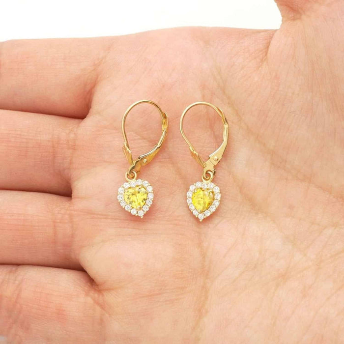 14K Yellow Gold 1Ct CZ Birthstone Heart Dangle Leverback Earrings