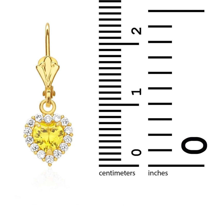 14K Yellow Gold 1Ct CZ Birthstone Heart Dangle Leverback Earrings