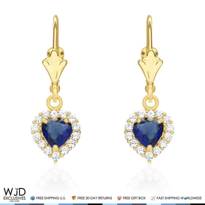 14k Yellow Gold CZ Sapphire Heart Dangle Leverback Earrings 1"