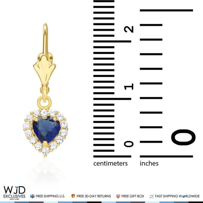14k Yellow Gold CZ Sapphire Heart Dangle Leverback Earrings 1"