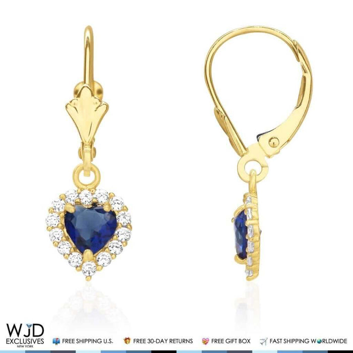 14k Yellow Gold CZ Sapphire Heart Dangle Leverback Earrings 1"