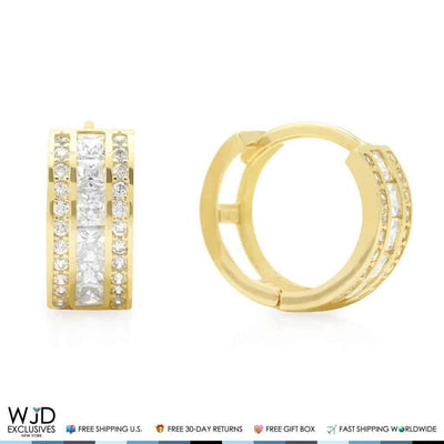 14K Yellow Gold 1Ct Triple-Row CZ Huggie Hoop Earrings 12mm