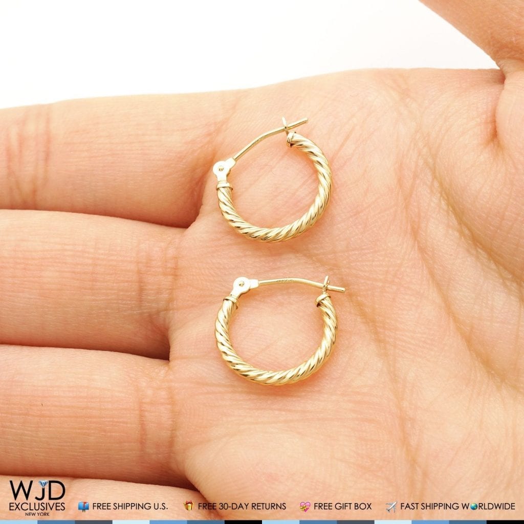 14K Solid Yellow Gold 2 mm Thick Snap Closure Twisted Rope Style Hoop Earrings