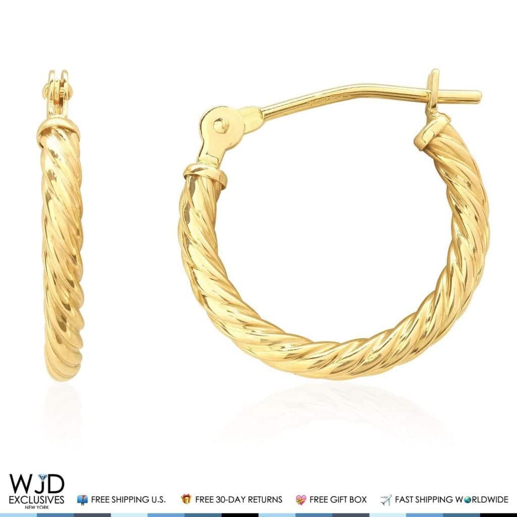 14K Solid Yellow Gold 2 mm Thick Snap Closure Twisted Rope Style Hoop Earrings