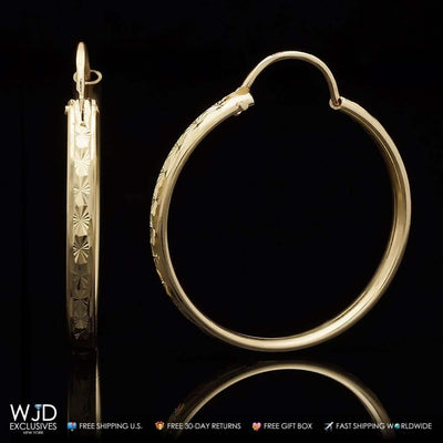 14K Solid Yellow Gold 2.5mm Wide Diamond Cut Hoop Earrings 1"