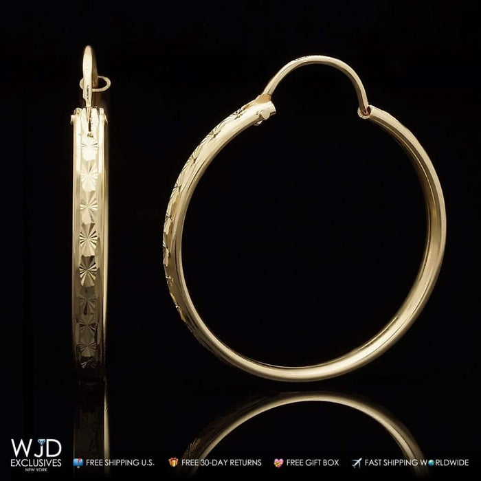 14K Solid Yellow Gold 2.5mm Wide Diamond Cut Hoop Earrings 1"