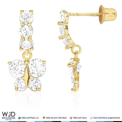 14K Yellow Gold CZ Birthstone Butterfly Earrings 15mm