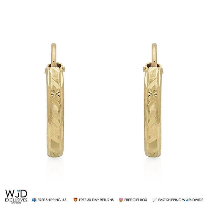 14K Yellow Gold Diamond-Cut 3.5mm Flat Tube Hoop Earrings 15mm