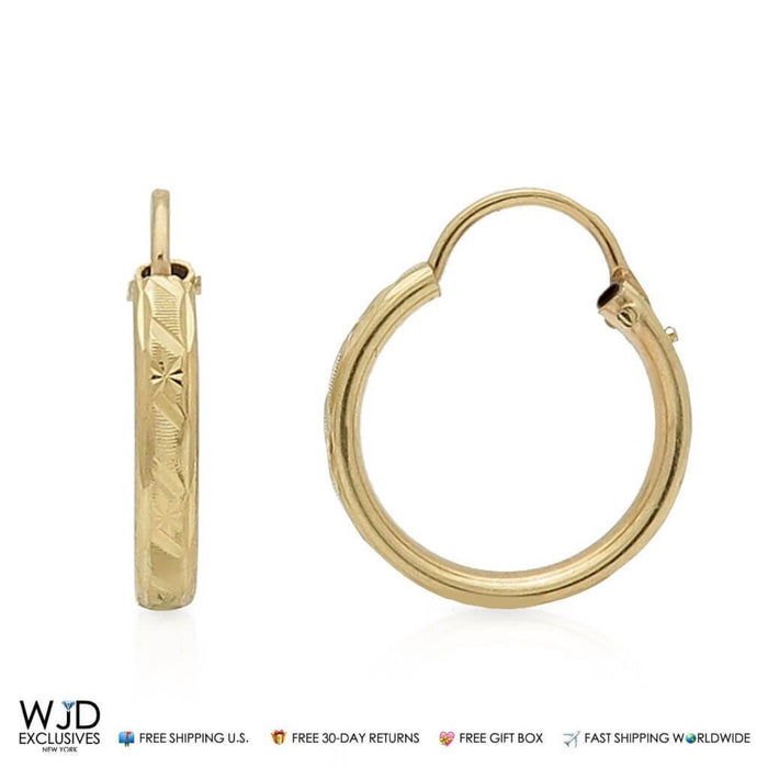 14K Yellow Gold Diamond Cut 3.5mm Flat Tube Hoop Earrings 15mm