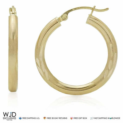 14K Solid Yellow Gold 3mm Wide Diamond Cut Hoop Earrings 1"