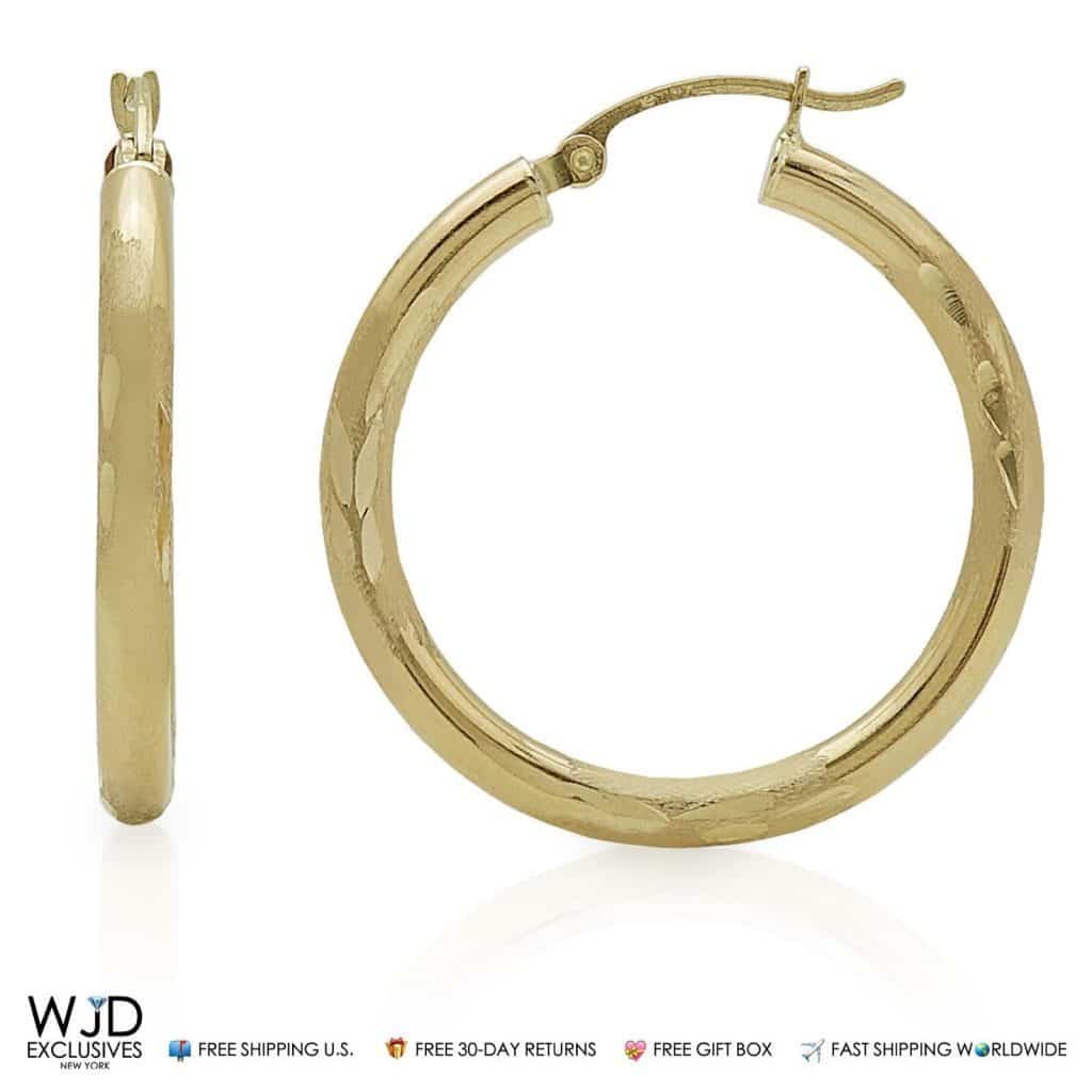 14K Solid Yellow Gold 3mm Wide Diamond Cut Hoop Earrings 1.2"