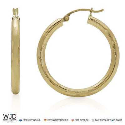 14K Solid Yellow Gold 3mm Wide Diamond Cut Hoop Earrings 1.2"