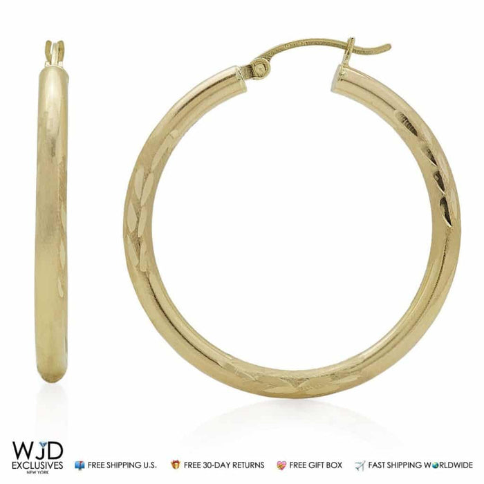 14K Solid Yellow Gold 3mm Wide Diamond Cut Hoop Earrings 1.4"