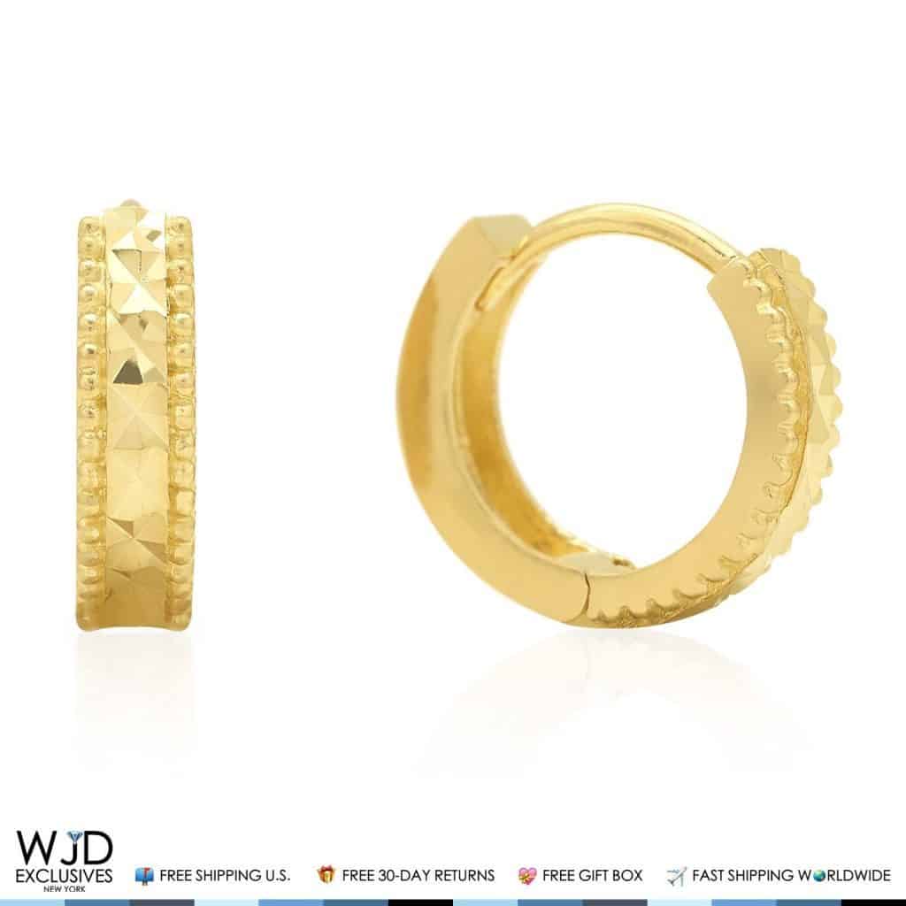 14K Solid Yellow Gold 3mm Wide Diamond Cut Huggie Hoop Earrings 10mm