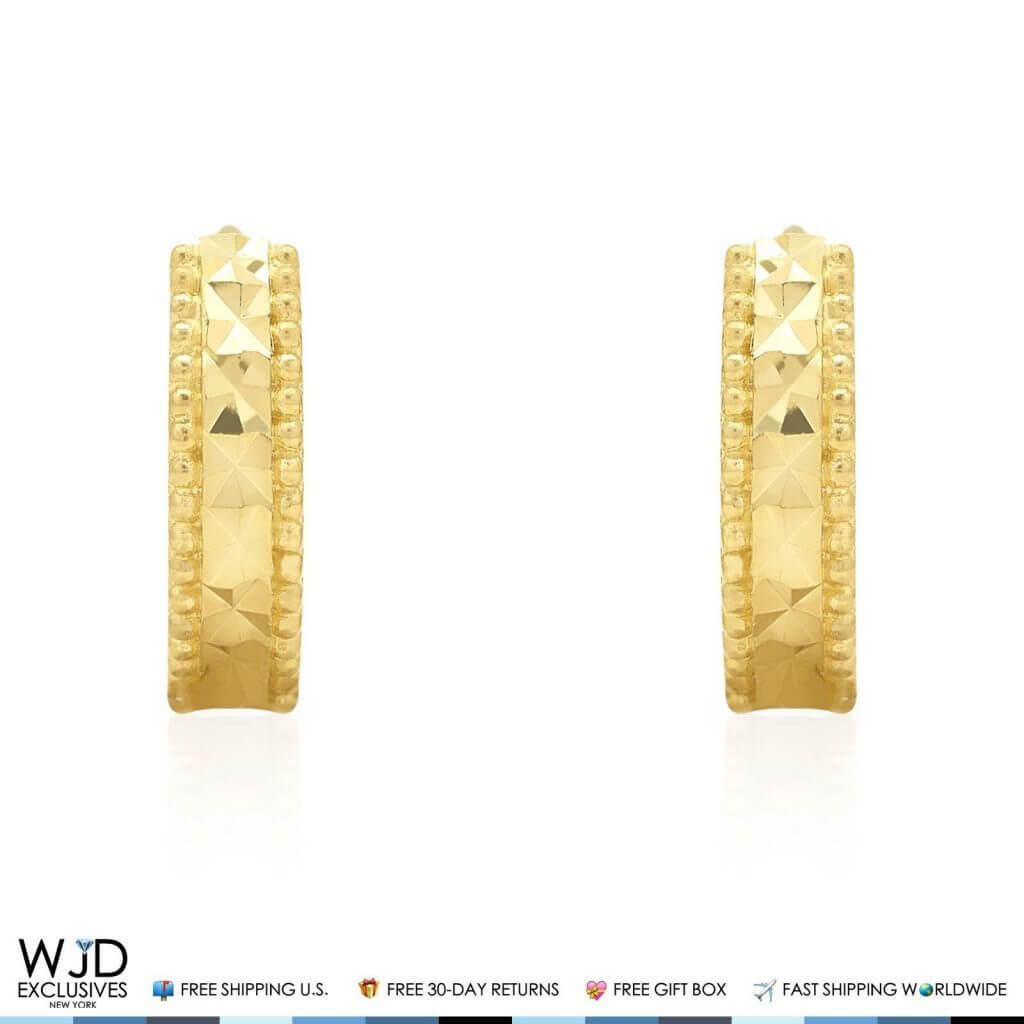 14K Yellow Gold 3mm Wide Diamond Cut Huggie Hoop Earrings 10mm