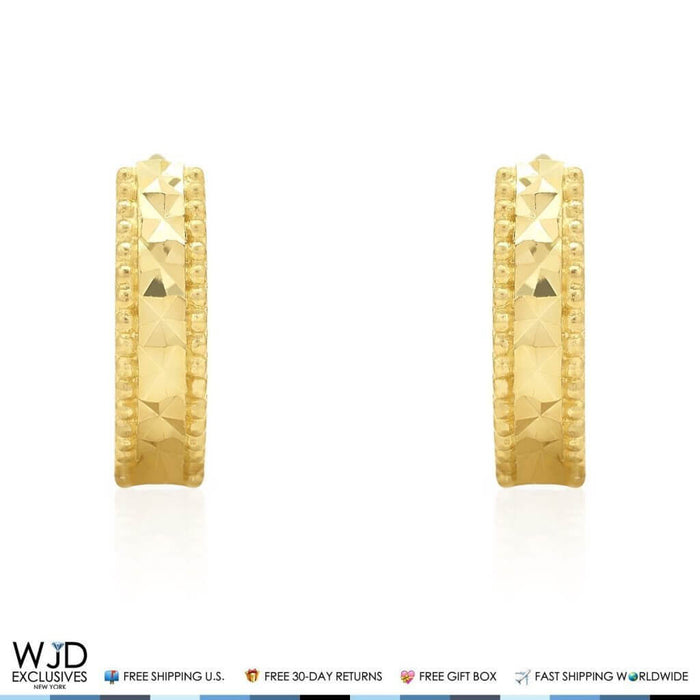 14K Yellow Gold 3mm Wide Diamond Cut Huggie Hoop Earrings 10mm