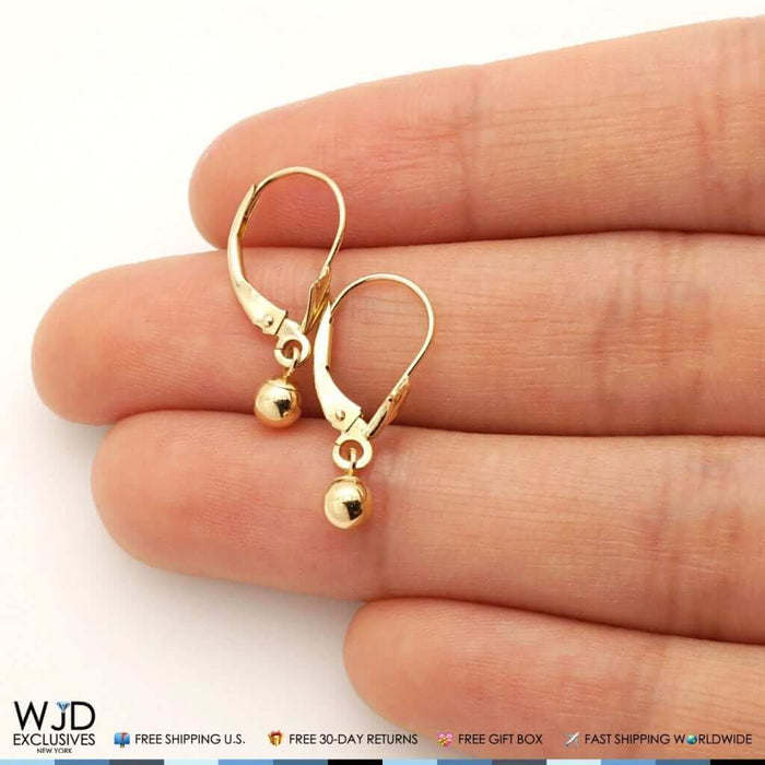 14K Yellow Gold 5mm Ball Lever Back Dangle Drop Earrings 22mm