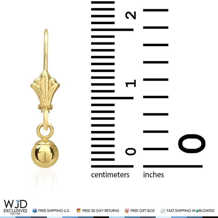 14K Yellow Gold 5mm Ball Lever Back Dangle Drop Earrings 22mm