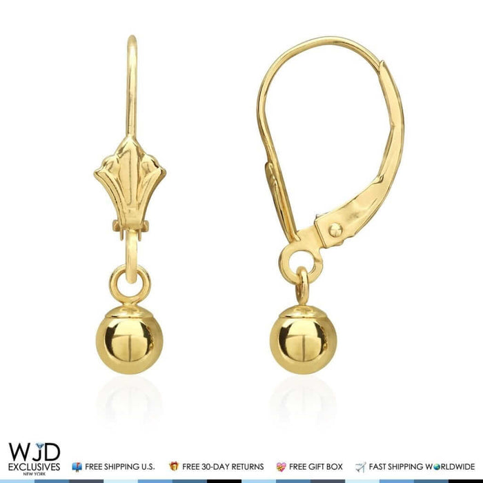 14K Yellow Gold 5mm Ball Lever Back Dangle Drop Earrings 22mm