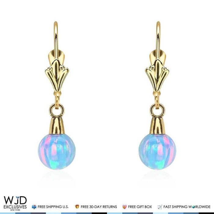 14K Yellow Gold 6mm Ball Simulated Blue Fire Opal Leverback Dangle Earrings