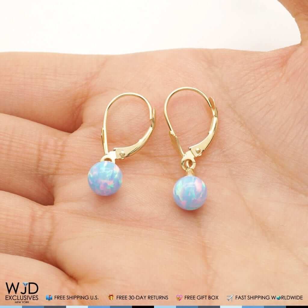 14K Yellow Gold 6mm Ball Simulated Blue Fire Opal Leverback Dangle Earrings