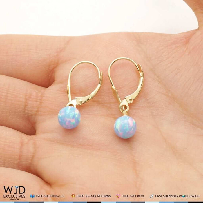 14K Yellow Gold 6mm Ball Simulated Blue Fire Opal Leverback Dangle Earrings