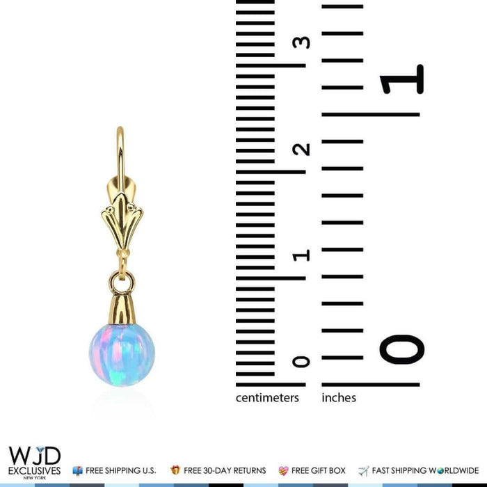 14K Yellow Gold 6mm Ball Simulated Blue Fire Opal Leverback Dangle Earrings