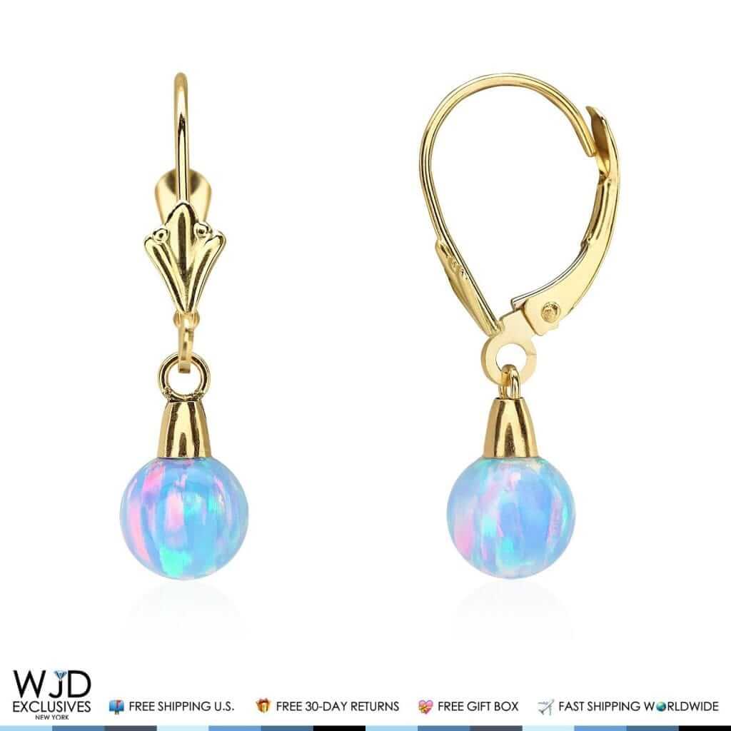 14K Yellow Gold 6mm Ball Simulated Blue Fire Opal Leverback Dangle Earrings