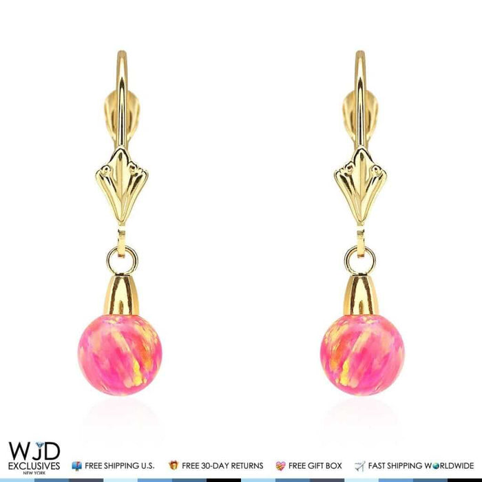 14K Yellow Gold 6mm-10mm Ball Peach Pink Fire Opal Leverback Dangle Earrings