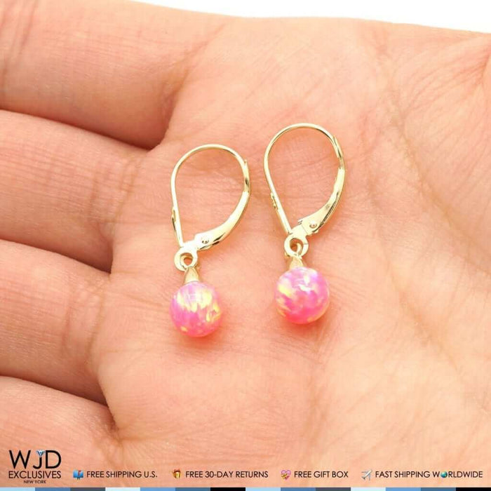 14K Yellow Gold 6mm-10mm Ball Peach Pink Fire Opal Leverback Dangle Earrings