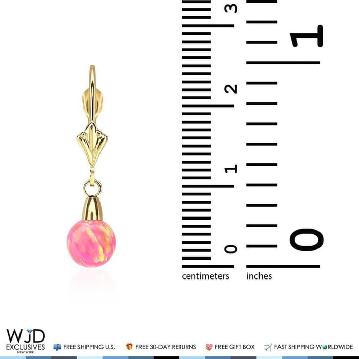 14K Yellow Gold 6mm-10mm Ball Peach Pink Fire Opal Leverback Dangle Earrings