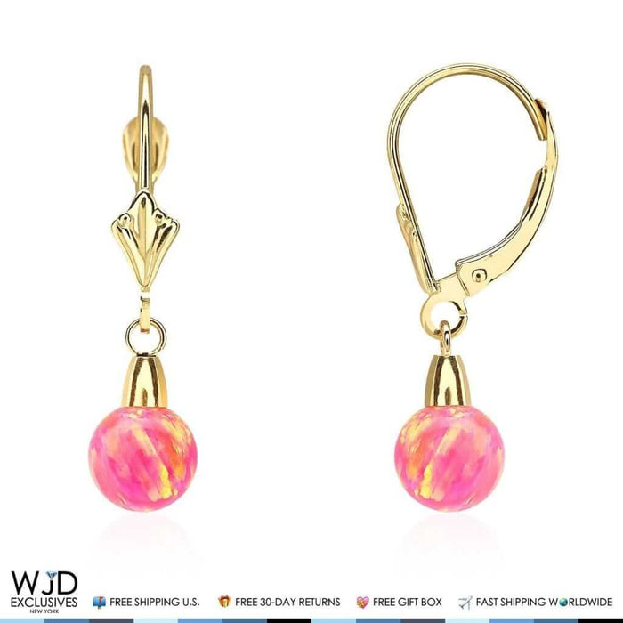14K Yellow Gold 6mm-10mm Ball Peach Pink Fire Opal Leverback Dangle Earrings
