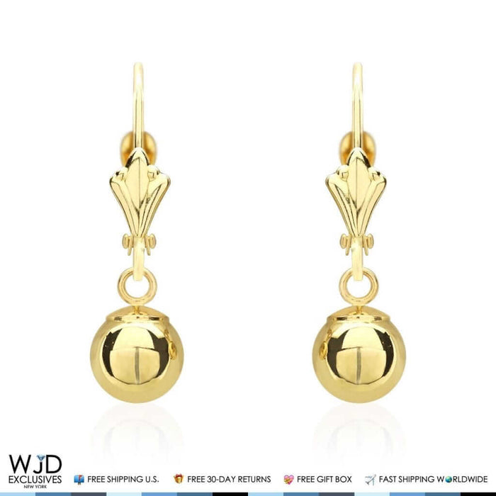 14K Yellow Gold 6mm Ball Lever Back Dangle Drop Earrings