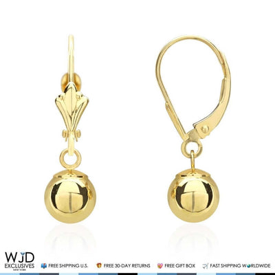 14K Yellow Gold 6mm Ball Lever Back Dangle Drop Earrings