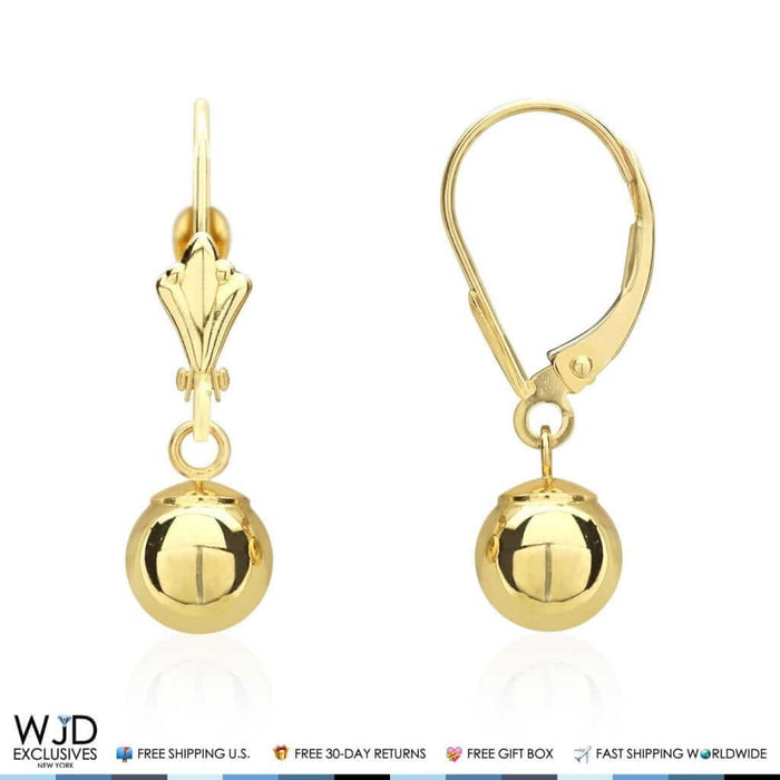 14K Yellow Gold 6mm Ball Lever Back Dangle Drop Earrings