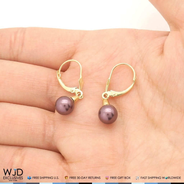 14K Yellow Gold 7mm Black Pearl Leverback Dangle Earrings 1"