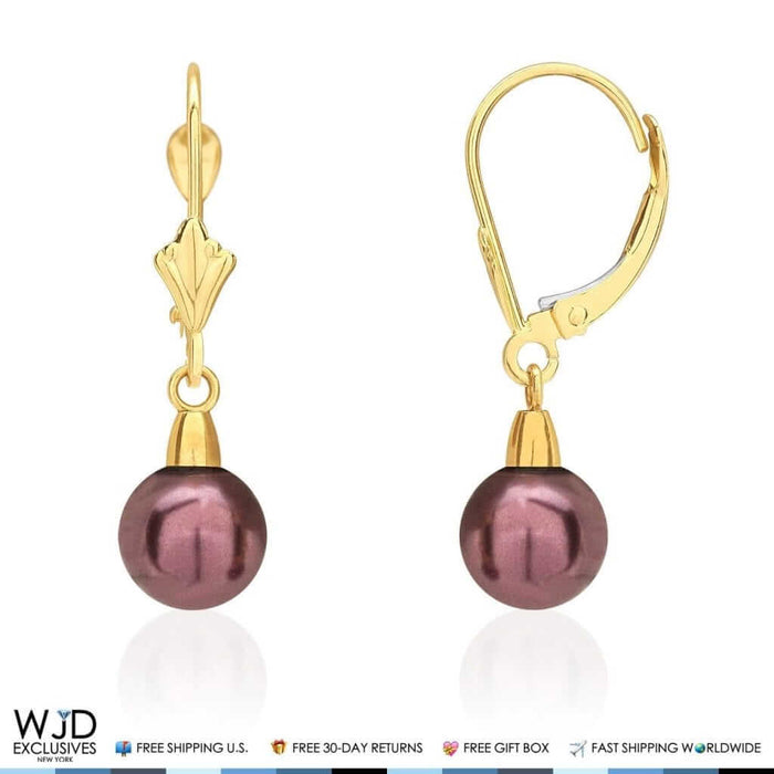 14K Yellow Gold 7mm Black Pearl Leverback Dangle Earrings 1"