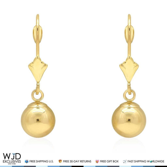 14K Yellow Gold 7mm Ball Lever Back Dangle Drop Earrings