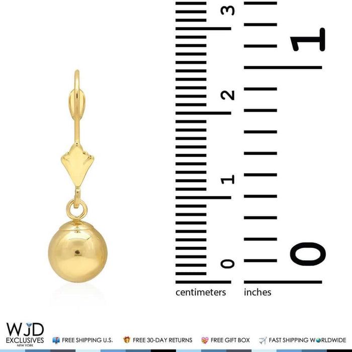 14K Yellow Gold 7mm Ball Lever Back Dangle Drop Earrings