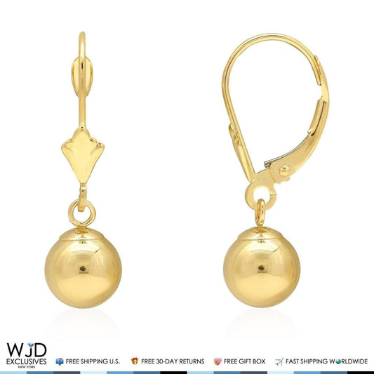 14K Solid Yellow Gold 7mm Ball Lever Back Dangle Drop Earrings