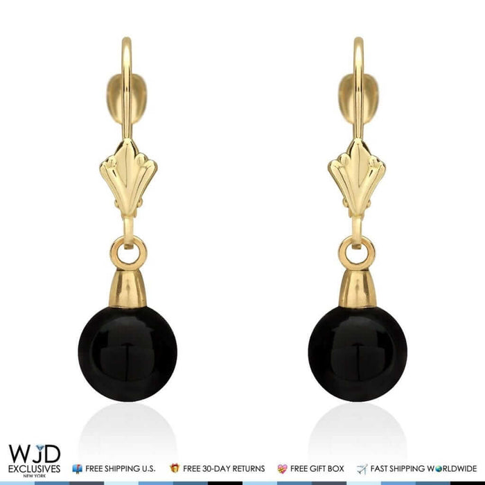 6mm-10mm Diameter Ball Shaped Onyx Dangle Leverback Earrings 14K Yellow Gold