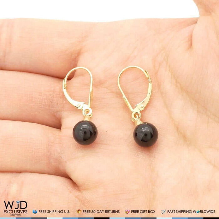 6mm-10mm Diameter Ball Shaped Onyx Dangle Leverback Earrings 14K Yellow Gold