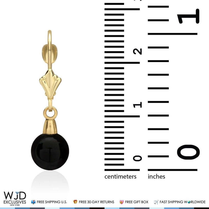 6mm-10mm Diameter Ball Shaped Onyx Dangle Leverback Earrings 14K Yellow Gold