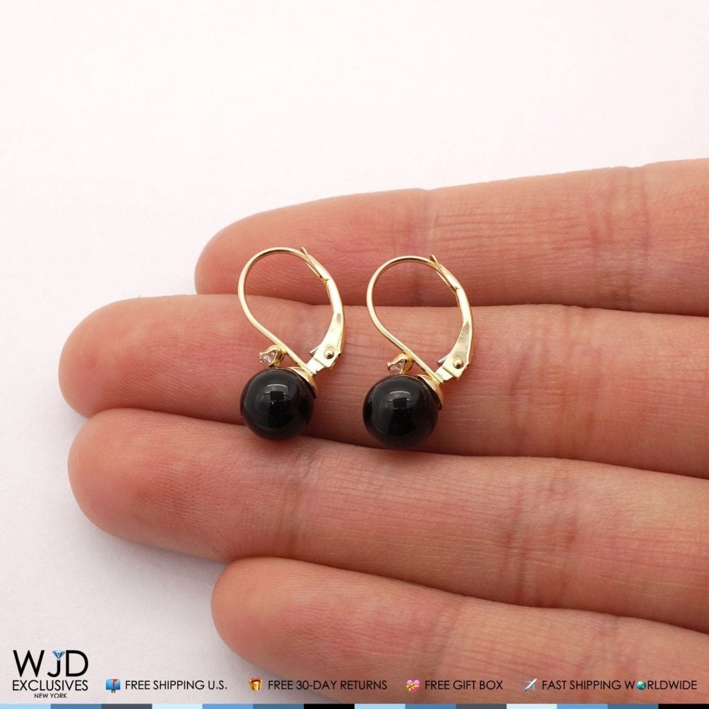 14K Solid Yellow Gold 7mm Diameter Onyx Ball And Zircon Leveback Earrings