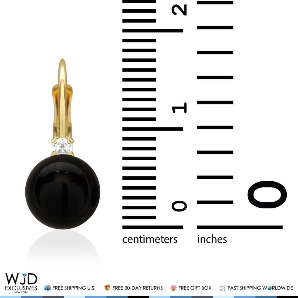 14K Solid Yellow Gold 7mm Diameter Onyx Ball And Zircon Leveback Earrings