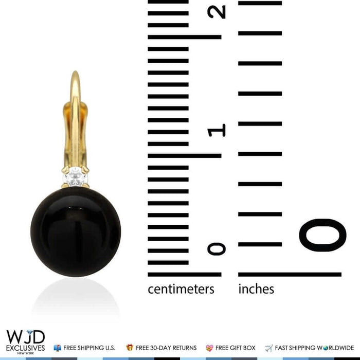 14K Yellow Gold 7mm Diameter Onyx Ball And Zircon Leveback Earrings